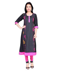 Divena Black Printed A-Line Rayon And Cotton W omen's Kurta (XS, S, M, L, XL, XXL, 3XL, 4XL, 5XL, 6XL, 7XL)