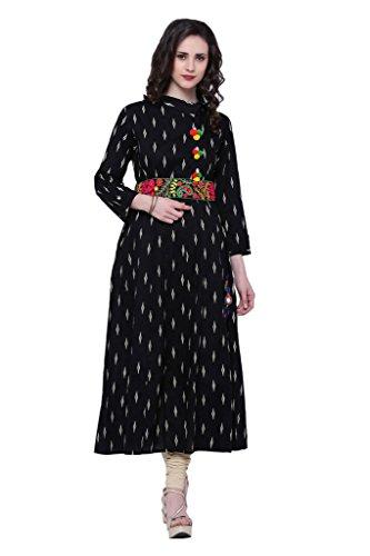 Divena Black Cotton A-Line Emroidered Kurta