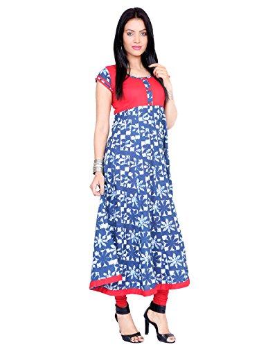 Divena Women's Printed Cotton Anarkali Kurties (Indigo Blue, Large)