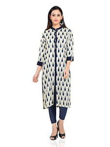 Divena White And Indigo Front Open Slit Rayon Kurti