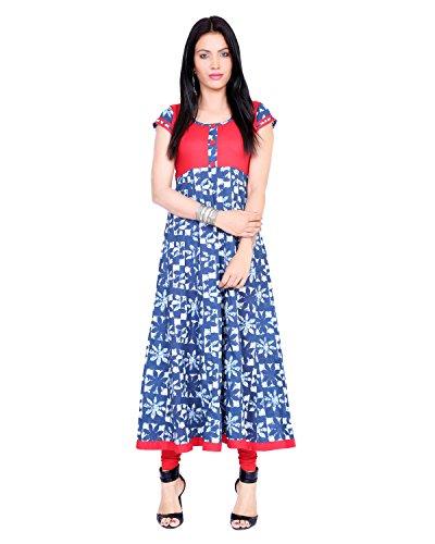 Divena Women's Printed Cotton Anarkali Kurties (Indigo Blue, Large)