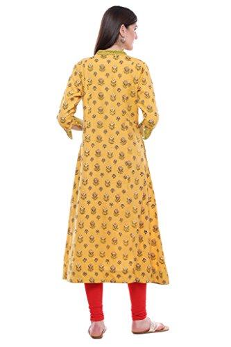 Divena Khadi Yellow Printed Long Kurtis For Women Stylish (DBK0173-M, Kurti M Size)