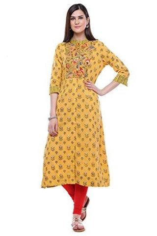Divena Khadi Yellow Printed Long Kurtis For Women Stylish (DBK0173-M, Kurti M Size)
