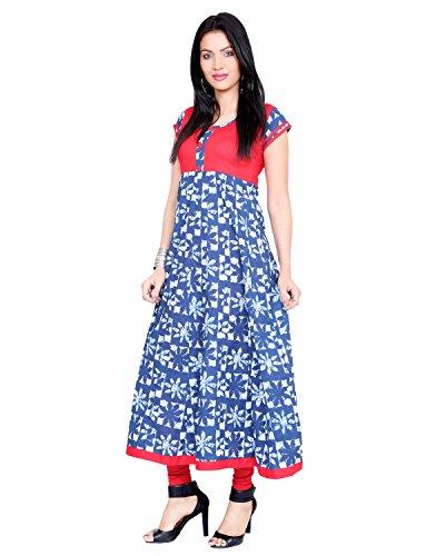 Divena Women's Printed Cotton Anarkali Kurties (Indigo Blue, Large)